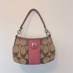 Signature coach mini tote in pink & brown. Crossbody strap included.